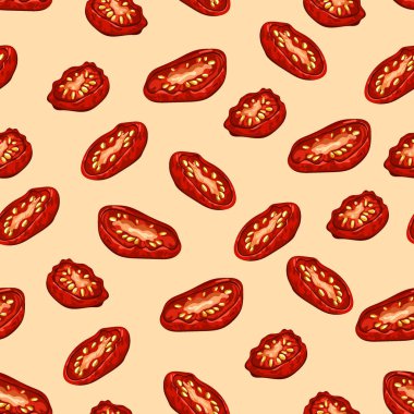 Güneşte kurutulmuş, dikişsiz domates deseni. Düz vektör clipart, izole edilmiş arkaplan ile illüstrasyon.