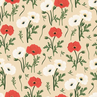 Haşhaş çiçeğinin pürüzsüz deseni. Düz vektör clipart, izole edilmiş arkaplan ile illüstrasyon.