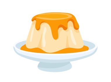 Karamelli puding turtası. Düz vektör clipart, izole edilmiş arkaplan ile illüstrasyon.