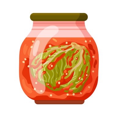 Kore kimchi 'si, cam kavanozda baharatlı lahana turşusu. Düz vektör clipart, izole edilmiş arkaplan ile illüstrasyon.