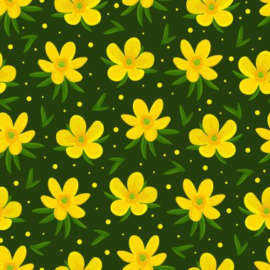 Eranis 'in çiçeğinin dikişsiz deseni. Düz vektör clipart, izole edilmiş arkaplan ile illüstrasyon.