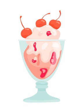 Uzun bardakta servis edilen bir dondurma tatlısı. Üzerinde parlak kırmızı kirazlar var. Düz vektör clipart, izole edilmiş arkaplan ile illüstrasyon.