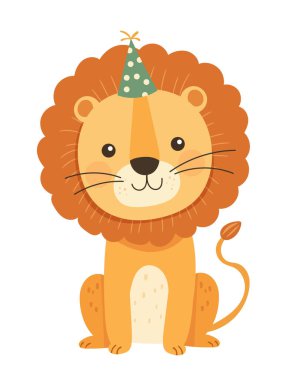 Parti şapkası oturan sevimli çizgi film aslanı. Çok sevimli bir safari hayvan karakteri çizimi. Düz vektör clipart, izole edilmiş arkaplan ile illüstrasyon.