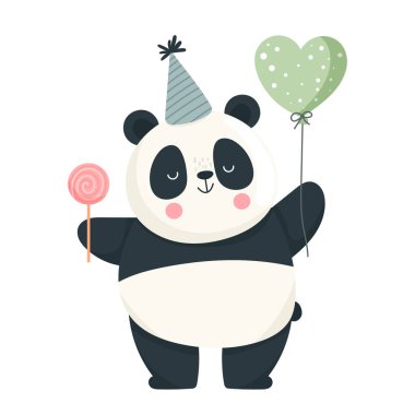 İçinde balon ve lolipop olan bir doğum günü pandası çizimi. Sevimli panda karakteri. Düz vektör clipart, izole edilmiş arkaplan ile illüstrasyon.