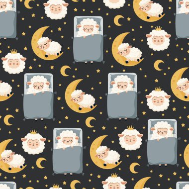 Aylı ve Yıldızlı Kusursuz Uyuyan Koyun Yuvası. Yumuşak pastel renklerde sevimli kuzu çizimleri. Düz vektör clipart, izole edilmiş arkaplan ile illüstrasyon.