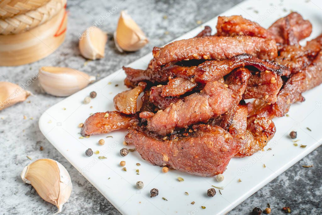 deep fried sun-dried pork (Moo dad deaw), Thai food