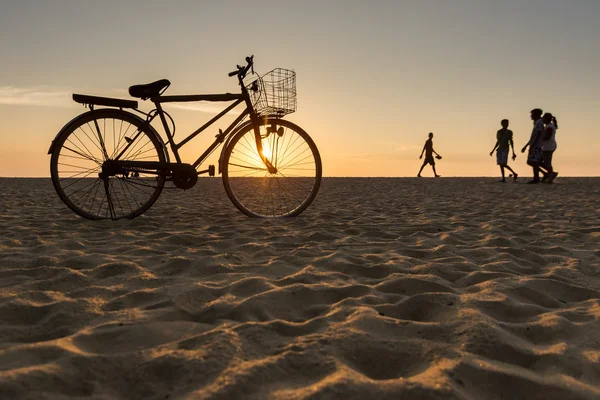 Vélo debout sur la plage pendant le coucher du soleil — Photo