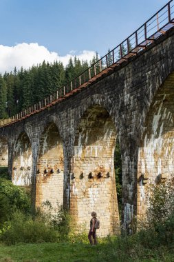 Karpat köyü Vorokhta, Ukrayna 'da antik demiryolu viyadükünün altında duran kadın..