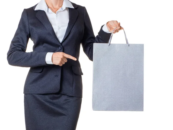 Mulher de negócios com sacos de compras. Isolado sobre fundo branco. — Fotografia de Stock