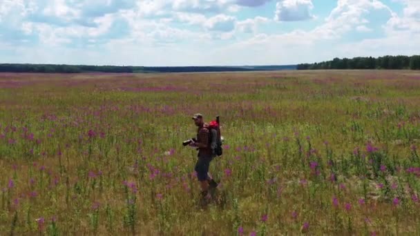 Орнітолог проходить через луг з фотоапаратом і робить фотографії. Вид з повітря . — стокове відео