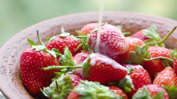 Fraises dans une plaque d'argile sont versés avec du lait. — Video