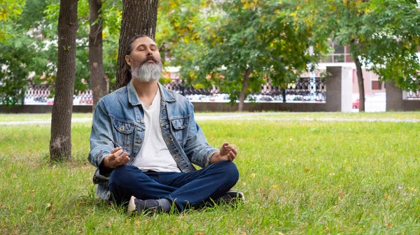 Foto de um homem de meia-idade barbudo fazendo uma pausa da agitação da cidade. Ele está meditando no parque debaixo de uma árvore. Conceito de desintoxicação digital. Formato foto 16x9. — Fotografia de Stock