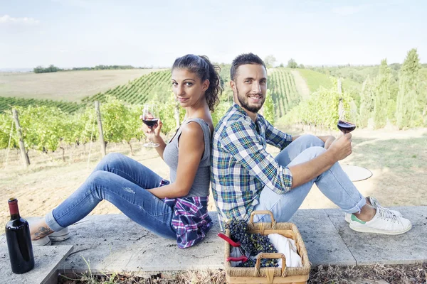 Young couple toasting in a vineyard — Stock Photo, Image