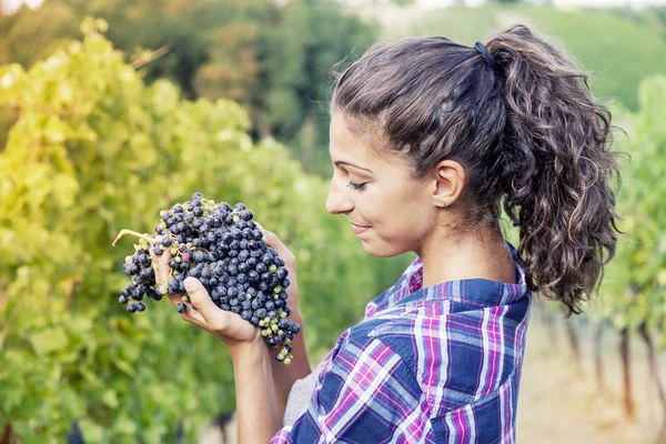Bonita chica muestra uvas en un viñedo —  Fotos de Stock