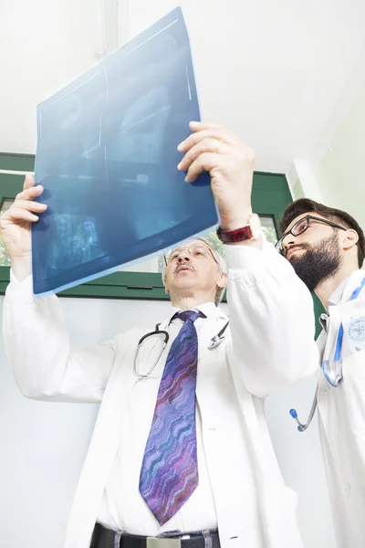 Couple of doctors examining an x-ray of a woman's body — Stock Photo, Image