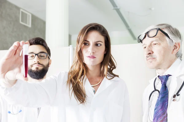 Médicos jovens examina tubo sanguíneo em laboratório — Fotografia de Stock