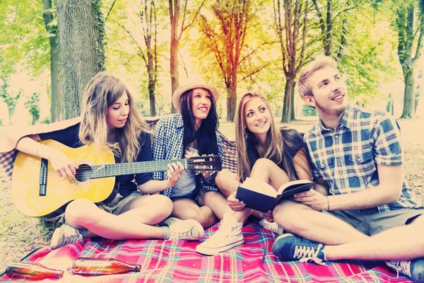 Young adults have fun with guitar at the campground — Stock Photo, Image