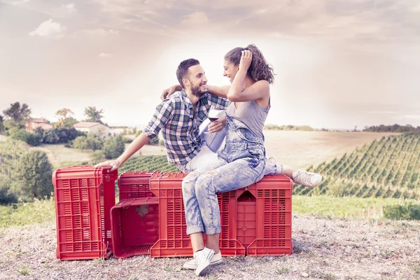 Jovem casal agricultores torradas em sua vinha — Fotografia de Stock