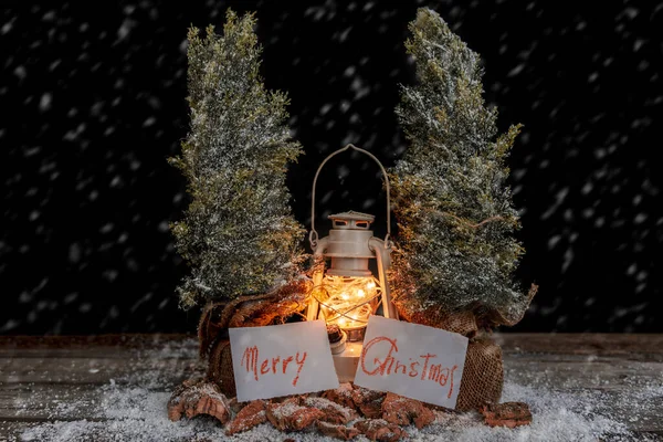 Kerstkaarten Hangend Aan Twee Pijnbomen Tussen Een Lantaarn Sneeuw Concept — Stockfoto