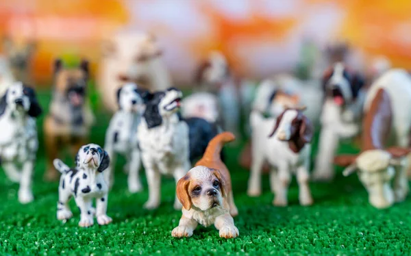 plastic figurines of dogs and farm animal. toys of children. animal protection concept