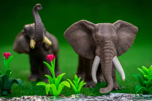 Plastic Figurines Family Elephants Savannah Environment Toy Children Animal Protection — Stock Photo, Image