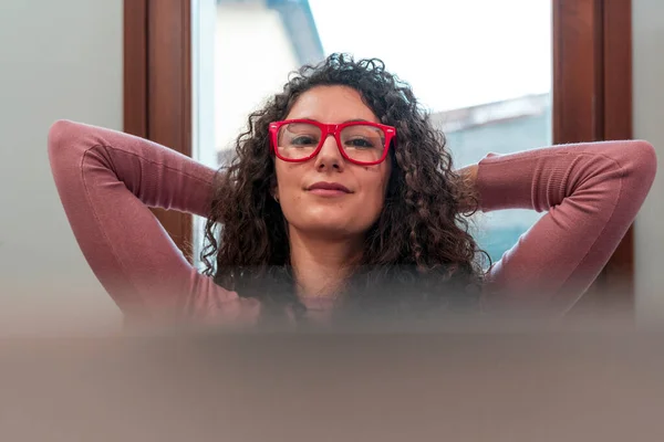 Young Woman Takes Relaxing Moment While Working Home Computer Restrictions — Stock Photo, Image