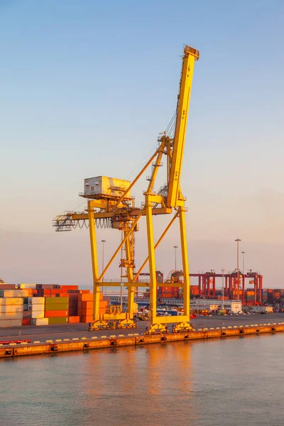 Big Yellow Crane Industrial Port Mediterranean Sea Sunrise — Stock Photo, Image