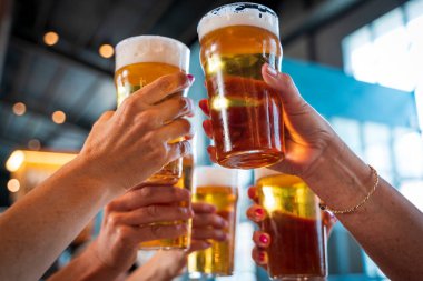 Bir barda bir grup kadın bir bardak birayla kadeh kaldırıyor. Ellere ve bira sürahisine yakından bakın. 