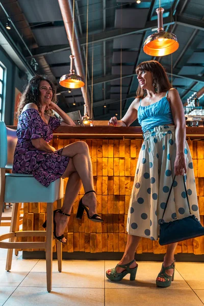 Due Donne Elegantemente Vestite Davanti Bancone Bar Pub — Foto Stock