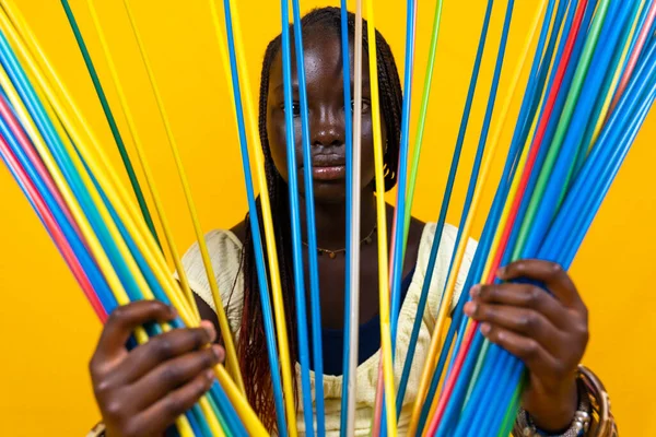 Portrait Young African Girl Long Colorful Drinking Straws Studio Shot — Stock Photo, Image