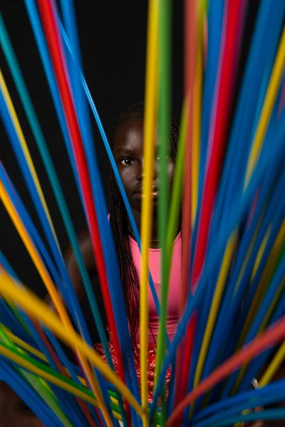 Portrait Young Pretty African Teenager Stands Long Colored Drinking Straws — Stock Photo, Image