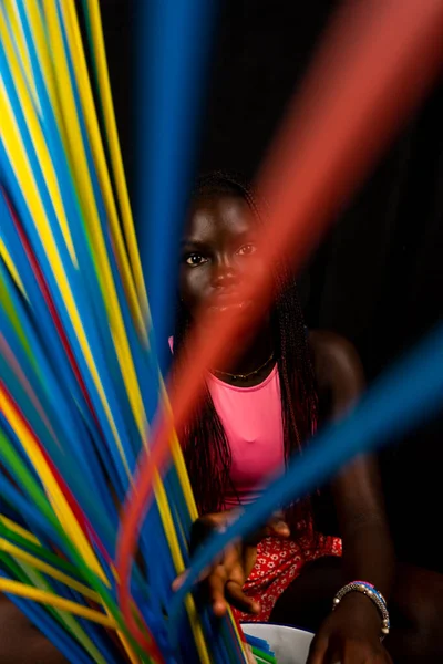Portrait Young Pretty African Teenager Stands Long Colored Drinking Straws — Stock Photo, Image