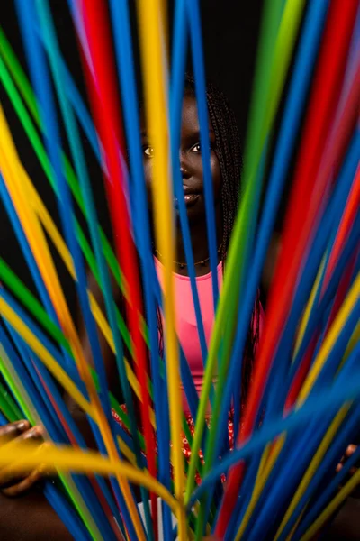 Portrait Young Pretty African Teenager Stands Long Colored Drinking Straws — Stock Photo, Image