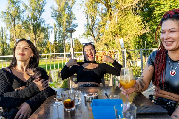 Çeşitli kadın arkadaşlar açık terasta içki içip sohbet ediyorlar. Biri köpek tutuyor.