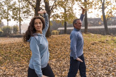 Kıdemli çift, sonbaharda parkta tai chi hareketleri yapıyor.
