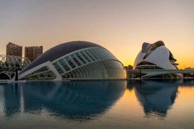Valencia, İspanya - 26 Temmuz 2025. Hemisferic Planetarium 'un gelecekteki mimarisi ve Sanat ve Bilim Şehri' ndeki Kraliçe Sofya Sarayı gün batımında suya yansıdı. Binalar mimar Santiago Calatrava tarafından tasarlandı..