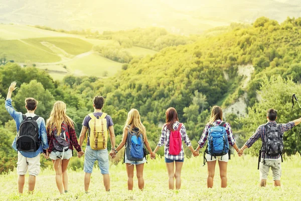 Gruppo di escursionisti in montagna in fila singola che si tengono per mano — Foto Stock