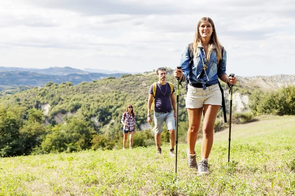 Grupo de caminhantes na montanha em único arquivo — Fotografia de Stock