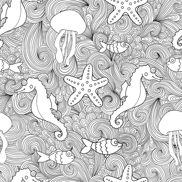 Animales marinos sobre fondo ondulado estilo zentangle — Archivo Imágenes Vectoriales
