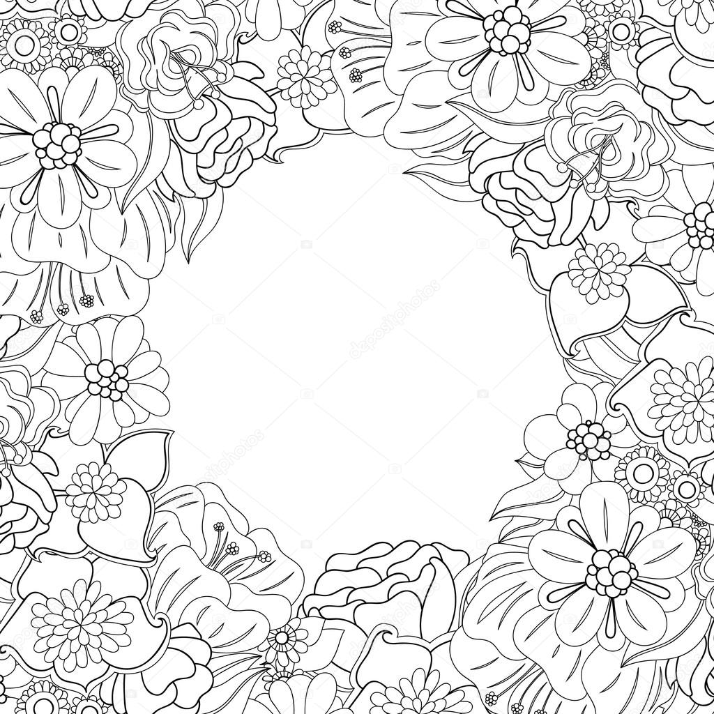 Doodle flowers and leaves frame.