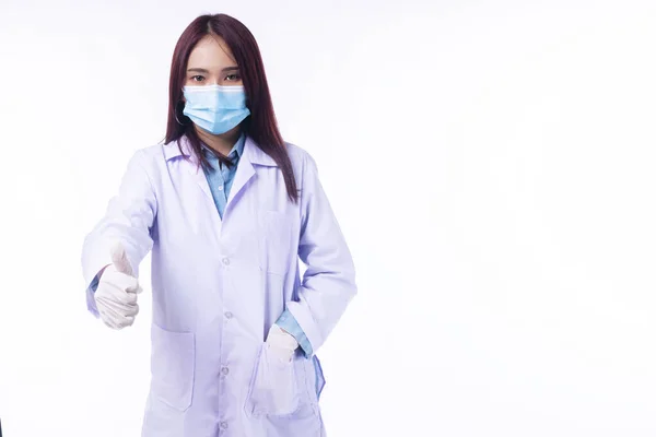 Дружелюбная Молодая Женщина Доктор Носить Пальто Униформу Медицинскую Маску Лица — стоковое фото
