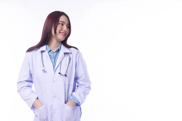 Медицинская Молодая Женщина Носит Белое Платье Стетоскопом Время Различные Действия — стоковое фото