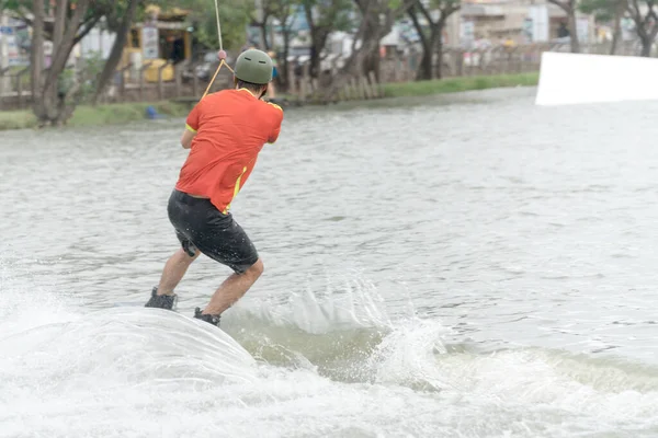 Back Young Man Wake Boarding Lake Cable Bangkok Thailand Concept — Stock Photo, Image