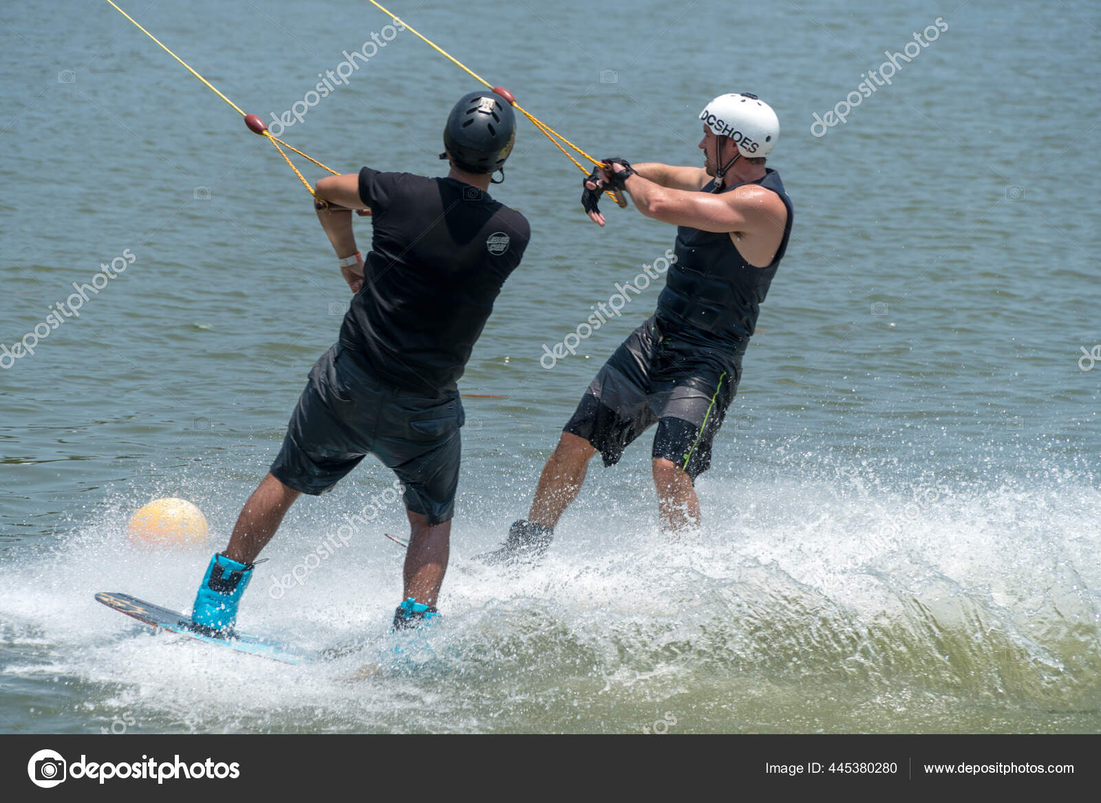 2017 April Bangkok Thailand Two Man Wake Boarding Lake Cable Stock