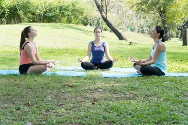 Çekici anne ve iki kızı parkta yoga yaparak rahatlıyorlar. Sağlıklı yaşam tarzı kavramı.
