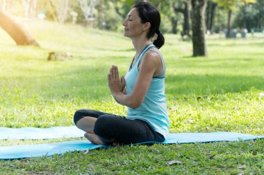 Parklarda yoga yapan orta yaşlı, beyaz bir kadın. Genç kız parkta çimlerin üzerinde yoga minderi yapıyor. Açık havada egzersiz yapıyor. Sağlıklı yaşam tarzı konsepti..