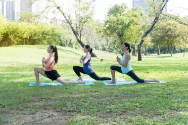 Çekici anne ve iki kızı parkta yoga yaparak rahatlıyorlar. Sağlıklı yaşam tarzı kavramı.