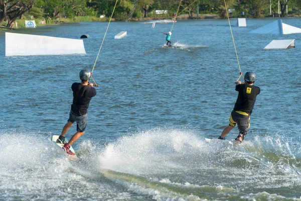 2017 April Bangkok Thailand Two Man Wake Boarding Lake Cable — Stock Photo, Image