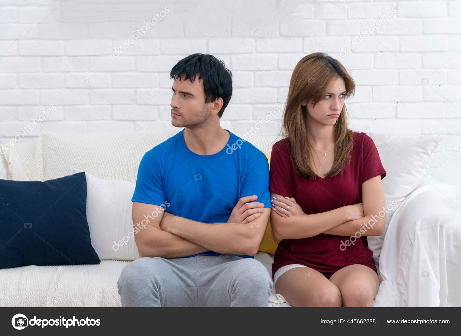 Unhappy Couples Home Handsome Man Beautiful Young Woman Sitting