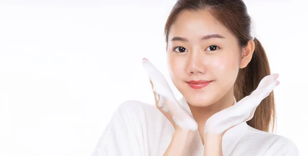 Adorable Young Woman Washing Her Face Foam Soap Hand While — Stock Photo, Image